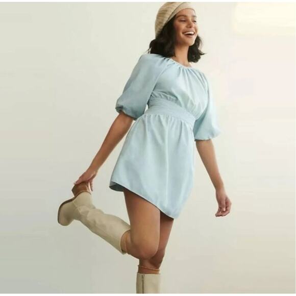 Anthropologie x Love the Label Puff Sleeve Mini Dress in Powder Blue | XS - Picture 2 of 8